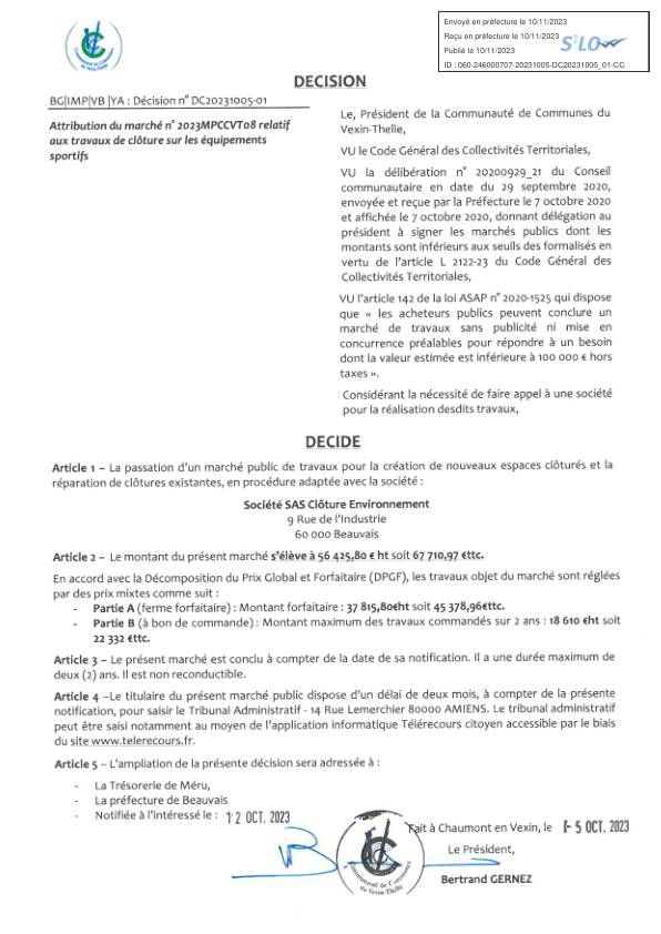 DC20231005-01 - Attribution du marché n°2023MPCCVT08 relatif aux travaux de clôture sur les équipements sportifs