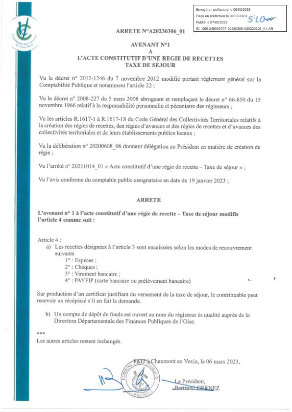 Arrêté n°A20230306_01 - Avenant n°1 à l'acte constitutif d'une régie de recettes taxe de séjour