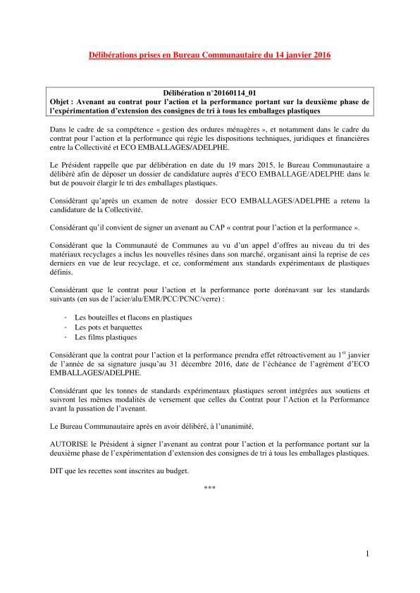 Bureau Communautaire - 14 janvier 2016