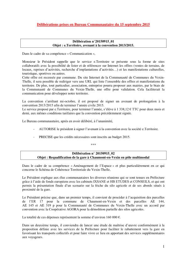 Bureau Communautaire - 15 septembre 2015