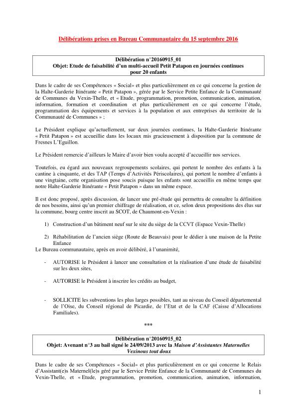 Bureau Communautaire - 15 septembre 2016