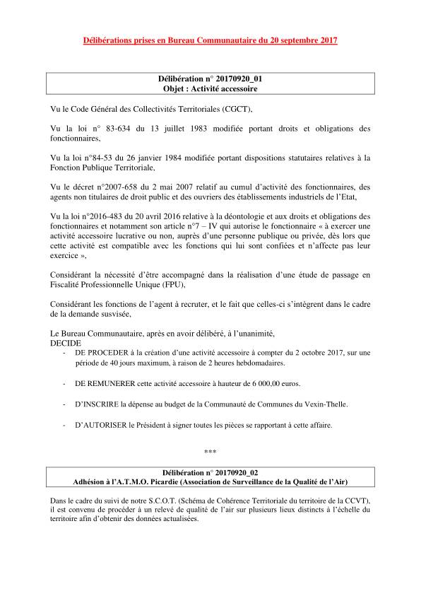 Bureau Communautaire - 20 septembre 2017