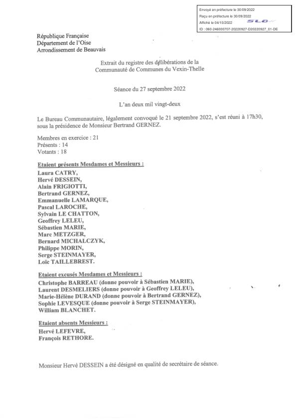 Délibérations du bureau communautaire du 27 septembre 2022