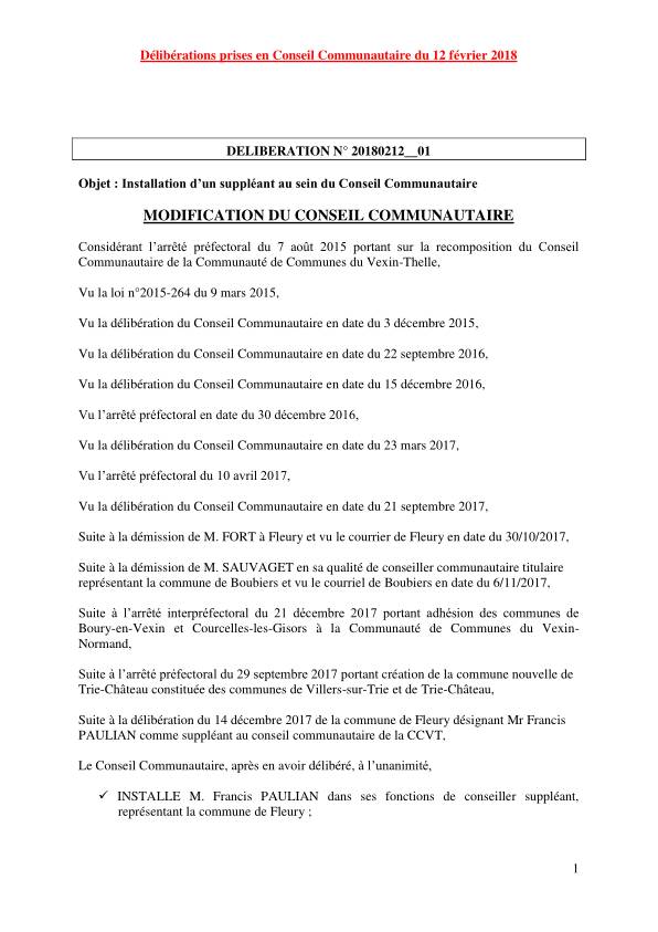 Conseil Communautaire - 12 février 2018