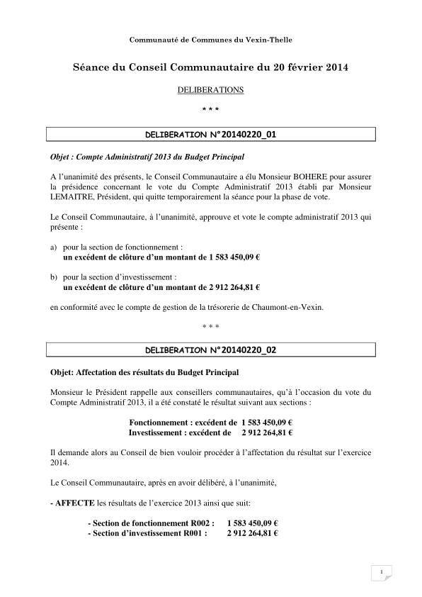 Conseil Communautaire - 20 février 2014