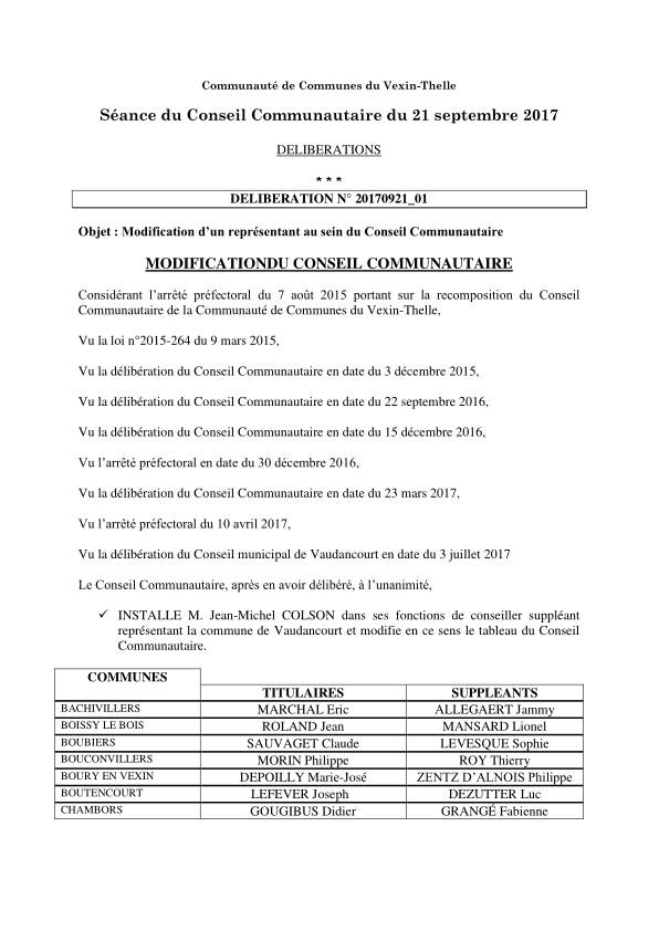 Conseil Communautaire - 21 septembre 2017