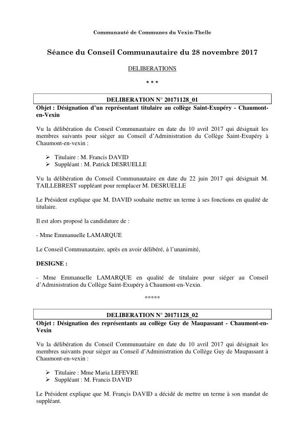 Conseil Communautaire - 28 novembre 2017