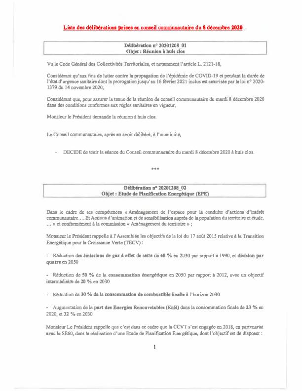 Conseil Communautaire - 08 décembre 2020