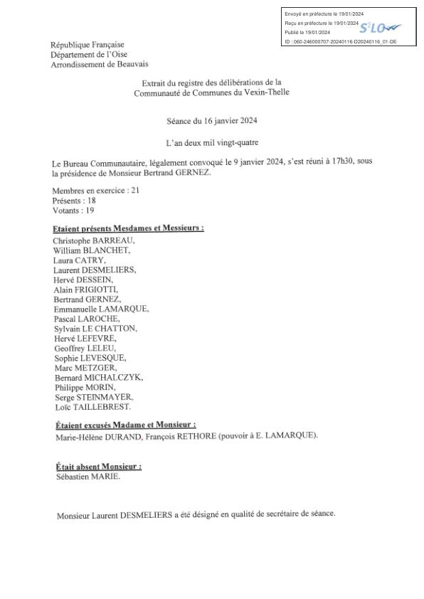 Délibérations du bureau communautaire - 16 janvier 2024