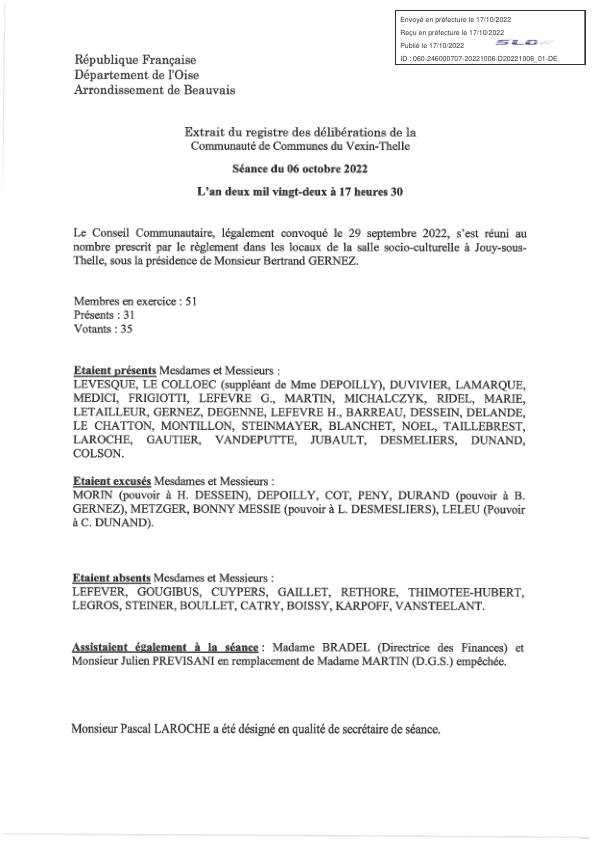 Délibérations du conseil communautaire du 06 octobre 2022