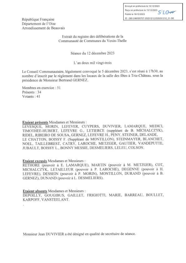 Délibérations du conseil communautaire - 12 décembre 2023