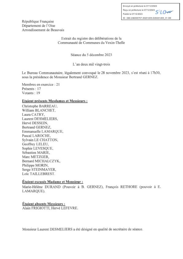 Délibérations du bureau communautaire - 05 décembre 2023