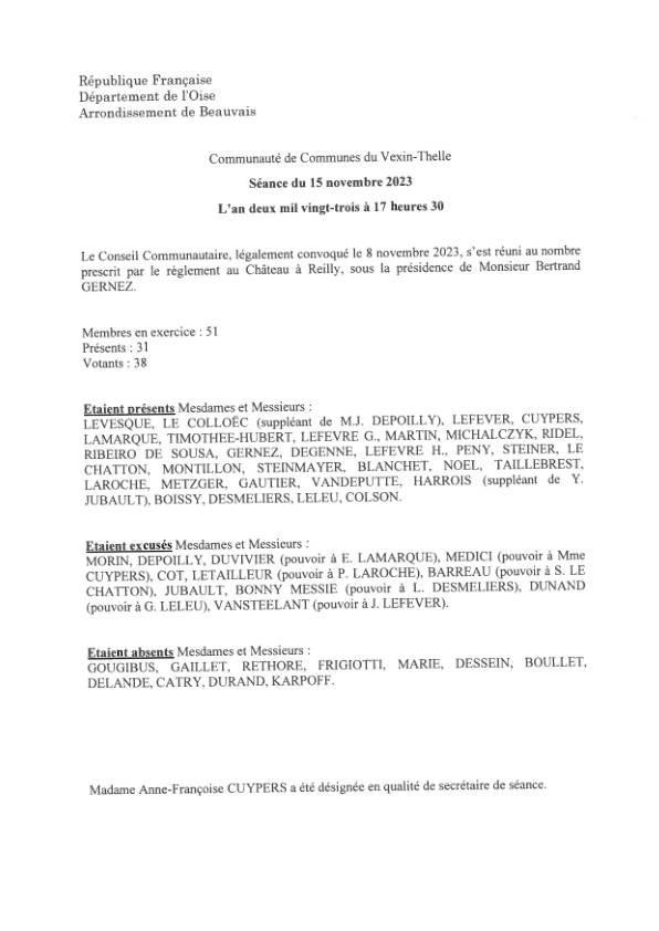 Délibérations du conseil communautaire - 15 novembre 2023