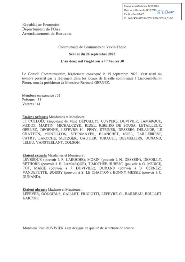 Délibérations conseil communautaire du 26 septembre 2023