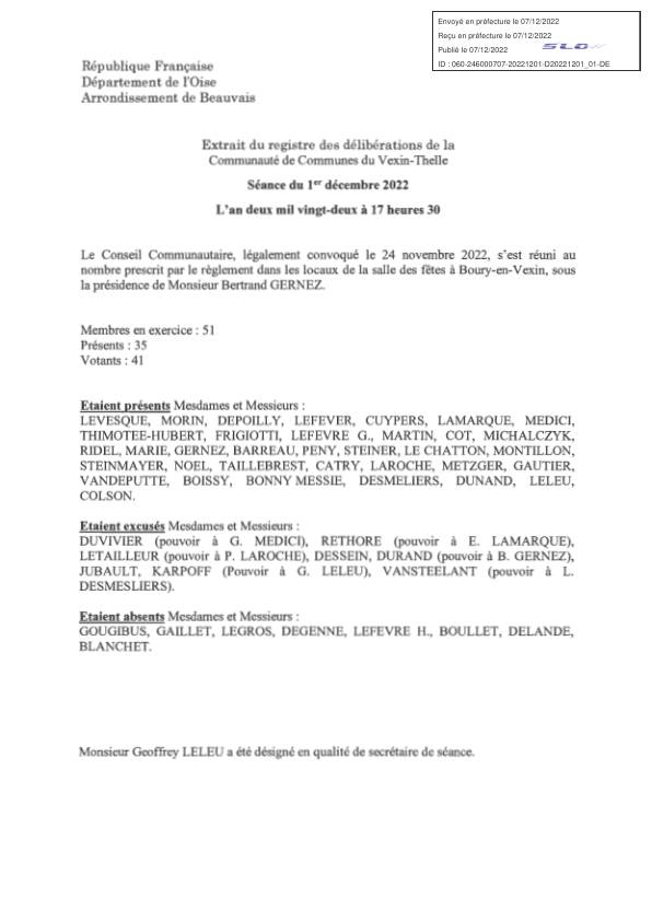 Délibérations du conseil communautaire - 01 décembre 2022