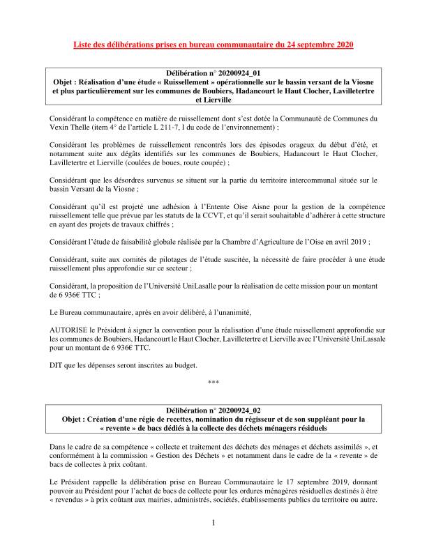 Bureau Communautaire - 24 septembre 2020