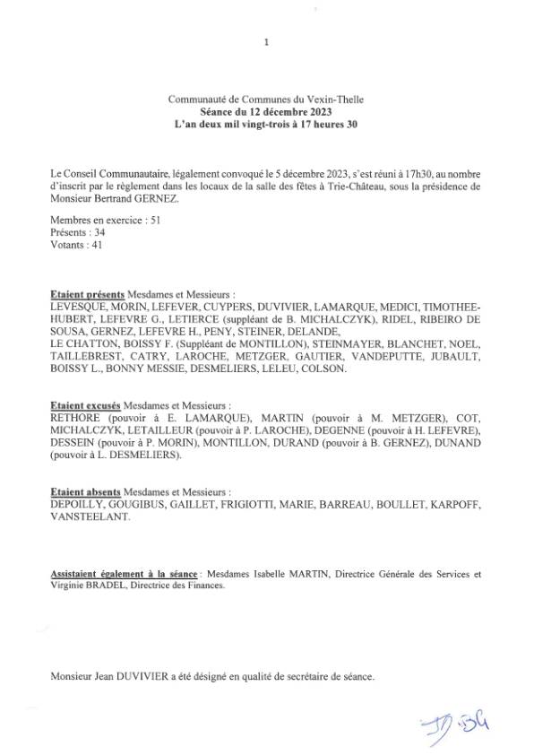 Procès verbal du conseil communautaire du 12 décembre 2023 Procès verbal du conseil communautaire du 12 décembre 2023