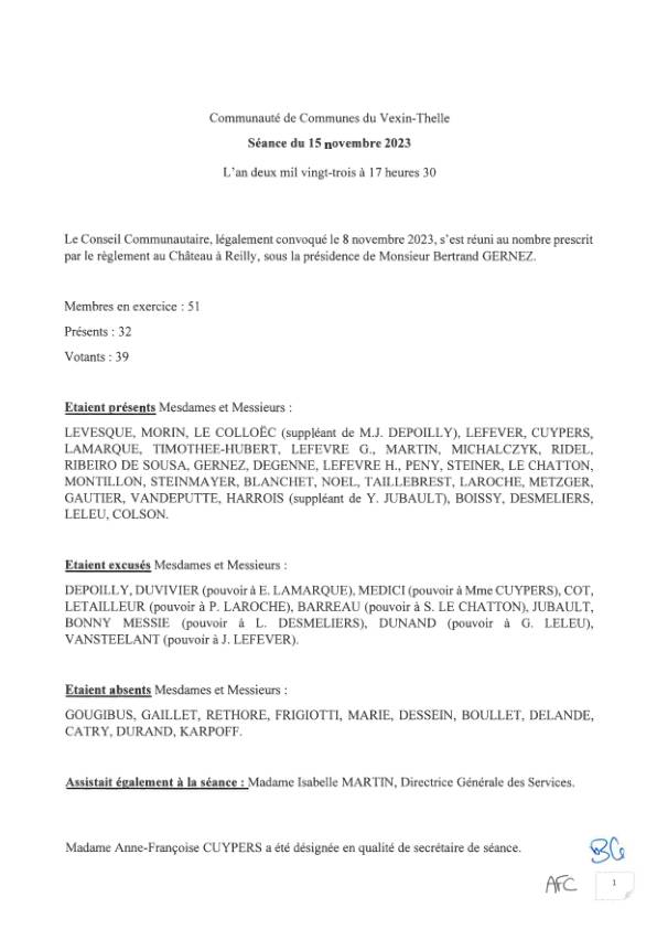 Procès verbal du conseil communautaire du 15 novembre 2023 Procès verbal du conseil communautaire du 15 novembre 2023
