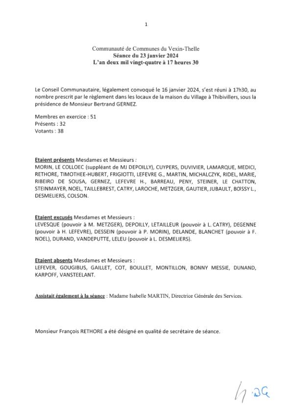 Procès-verbal du conseil communautaire du 23 janvier 2024 Procès-verbal du conseil communautaire du 23 janvier 2024