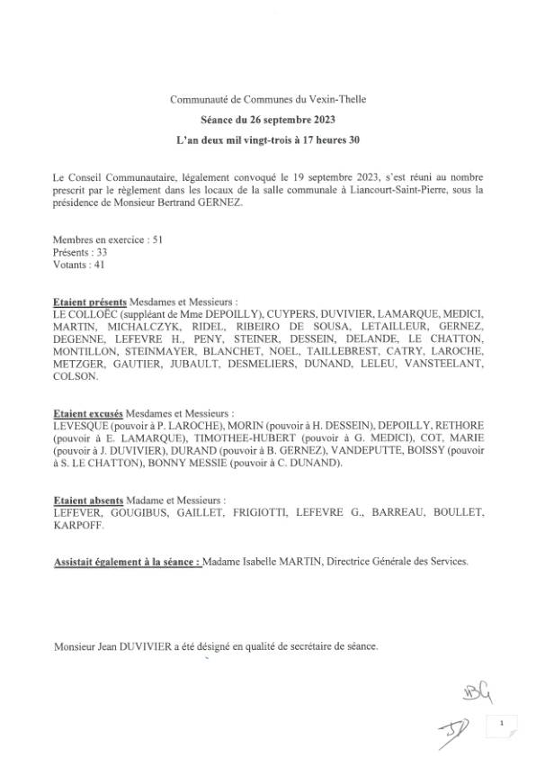 Conseil communautaire - 26 septembre 2023 Procès-Verbal conseil communautaire du 26 septembre 2023