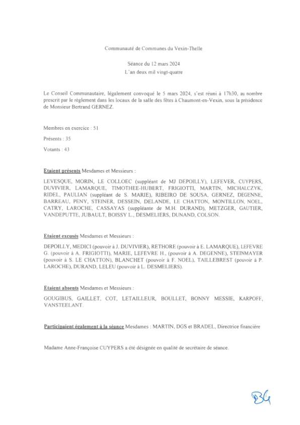 Procès verbal du conseil communautaire du 12 mars 2024 Procès verbal du conseil communautaire du 12 mars 2024