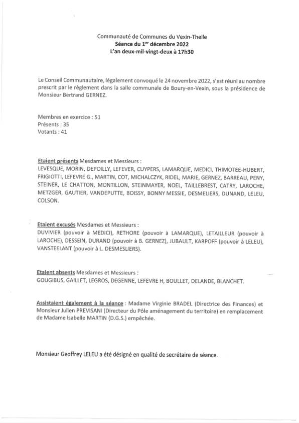 Procès verbal du conseil communautaire du 1er décembre 2022 Procès verbal du conseil communautaire du 1er décembre 2022
