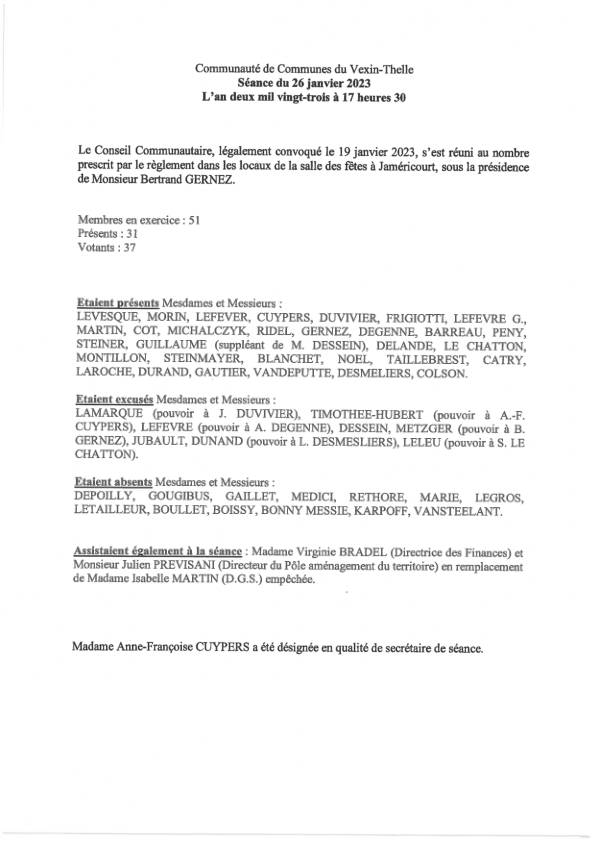 Procès-verbal du Conseil communautaire du 26 janvier 2023 Procès-verbal du Conseil communautaire du 26 janvier 2023