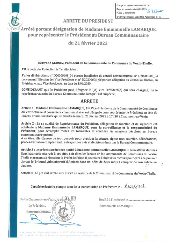 Arrêté portant désignation de Mme Lamarque pour représenter le Président au Bureau Communautaire du 21/02/2023