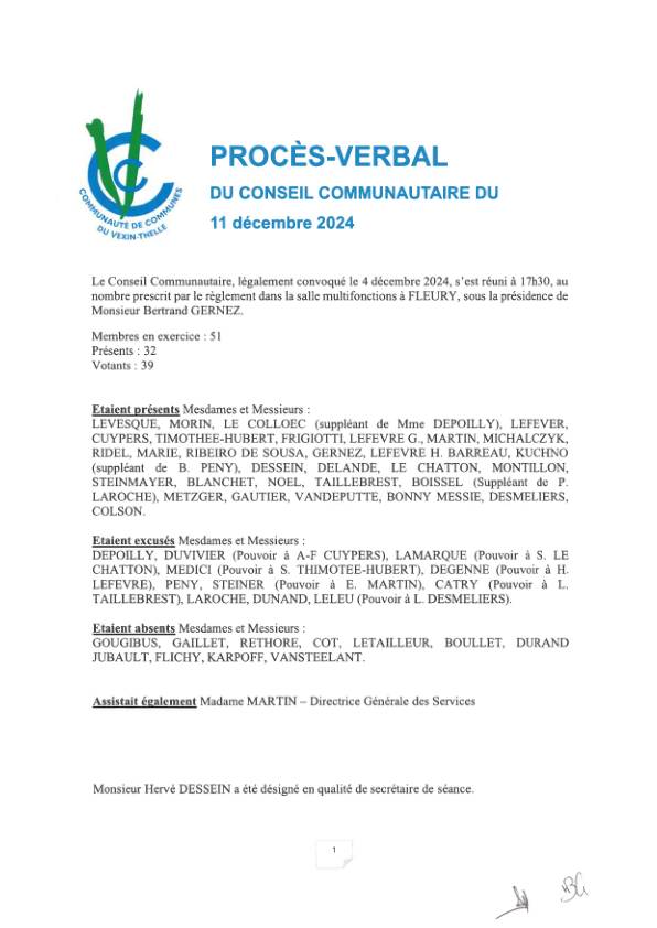 Procès-verbal du conseil communautaire du 11 décembre 2024 Procès-verbal du conseil communautaire du 11 décembre 2024