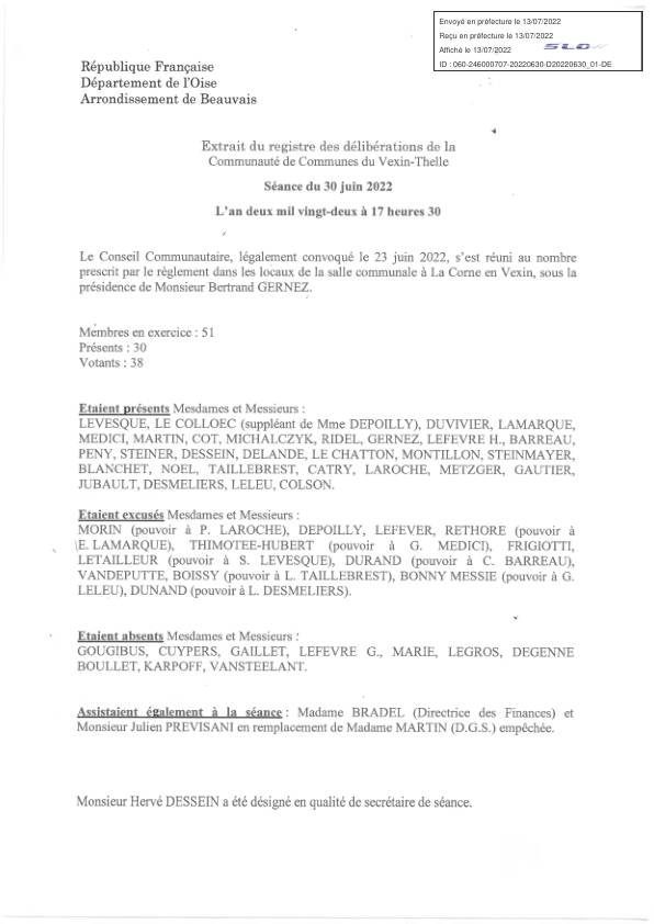 Délibérations du conseil communautaire du 30 juin 2022